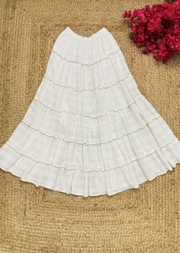 white cotton tiered flared maxi skirt for women