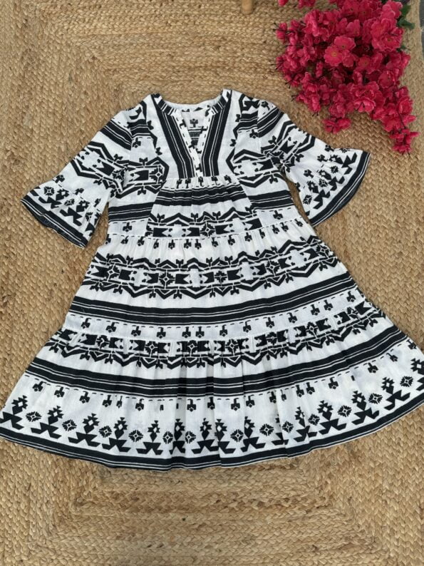 Black and offwhite aztec print flared dress for women