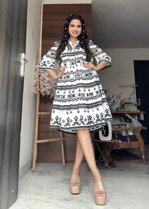 Black and offwhite aztec print flared dress for women